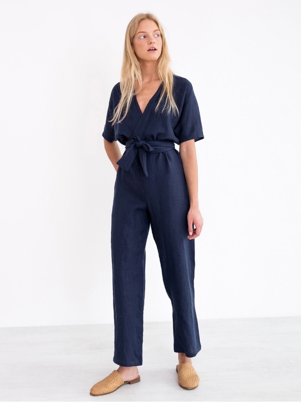 Women's Navy Line Wrap Jumpsuit with Tie Waist